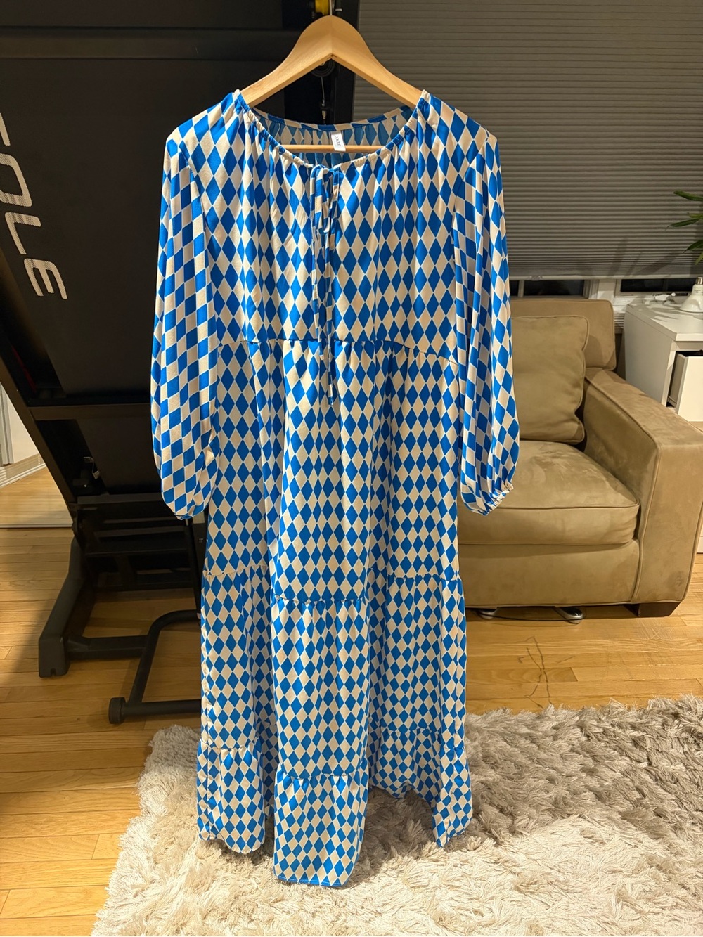 Blue and White Diamond-Print Maxi Dress with Tie Neck
